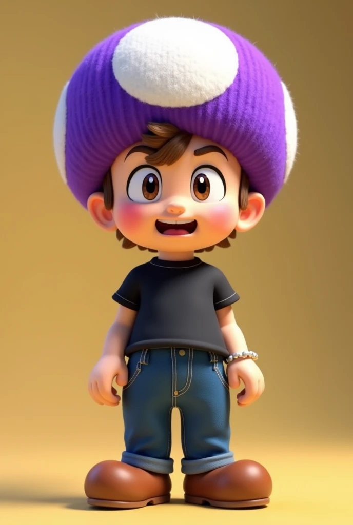 " A character inspired by Toad from Mario Bros. ,  redesigned as a humanoid adolescent 2D cartoon.  He wears a purple wool hat with white circles ,  evoking the classic Toad design ,  but with a modern touch .  He has varied facial expressions , as joy, an...