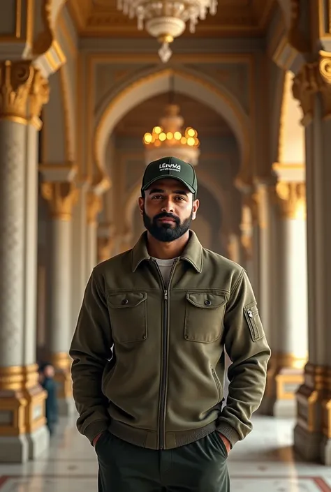 A realistic half-body depiction of a young, confident Indian man wearing a stylish branded cap and premium casual attire, He is standing indoors in a luxurious palace setting, surrounded by ornate architecture, grand chandeliers, and intricate gold-accente...