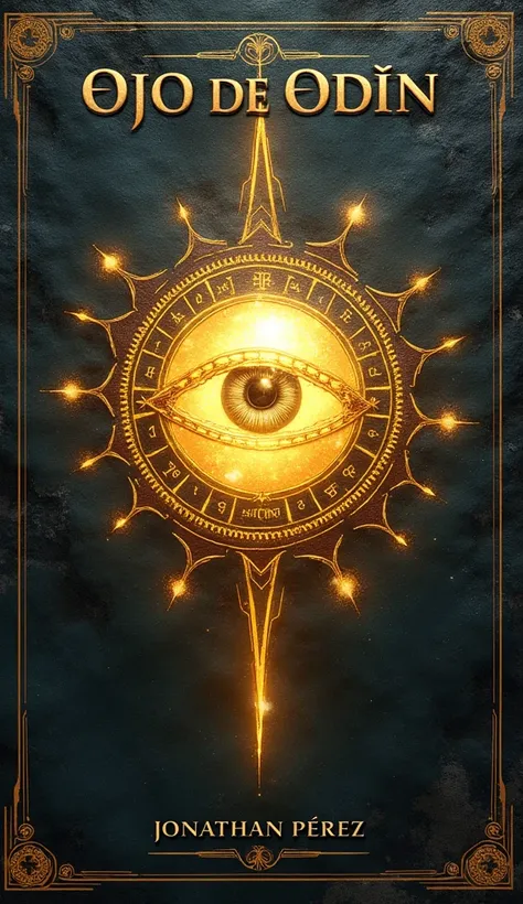 "A glowing shaped like the Eye of Odin is prominently featured at the center of the book cover. The eye emits a mystical golden light. Surrounding the eye are faintly glowing Norse runes. The title El oJo De Odín is at the top in a runic font, with the aut...