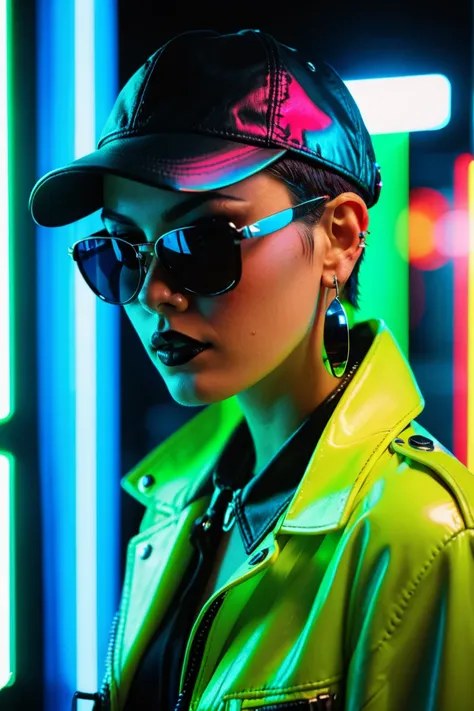 plano cercano del rostro, Alternative girl,  looking over black sunglasses , jacket, collar,  neon light reflections on the skin , earring, make-up,  skin imperfections ,  short hair , cap, neon light background , low light,  depth of field , Altamente det...