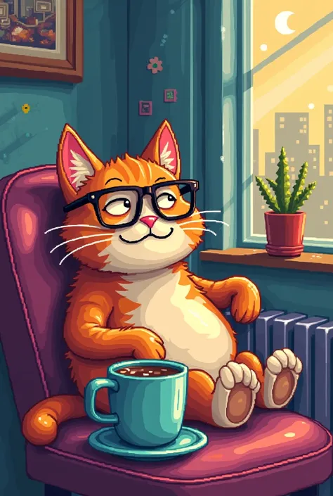 Pixel art, cat, coffee cup, lazy humor, energy-saving mode, bold text, retro style, vibrant colors, playful, geeky, quirky, lighthearted, expressive, nerd culture, gamer vibes, sarcastic, fun typography, cartoonish, relatable humor, cozy feel.