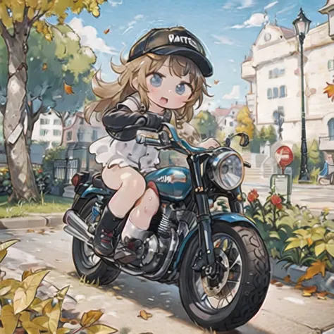 (masterpiece,  best quality:1.2), a young girl rides a small motorcycle, alone,  fall leaves for vaginal discharge，