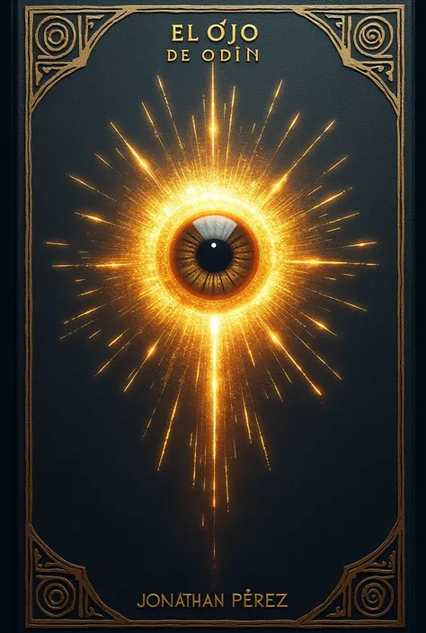 "A glowing shaped like the Eye of Odin is prominently featured at the center of the book cover. The eye emits a mystical golden light. Surrounding the eye are faintly glowing Norse runes. The title El oJo De Odín is at the top in a runic font, with the aut...