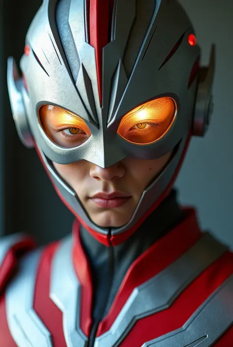 A close-up portrait of a young man in a detailed Ultraman suit. His face is visible with a determined expression, showing sharp features and focused eyes. The suit is metallic and sleek, with the iconic red and silver design of Ultraman, including the dist...