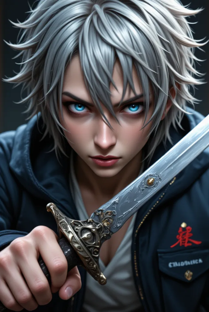 close-up of a person with gray hair and a sword, nagito komaeda,  of a smiling man in uniform , he has dark grey hair, silver-ha...