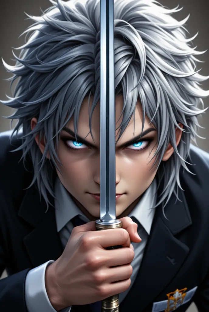  close-up of a person with gray hair and a sword, Nagito Komaeda,  of a smiling man in uniform , He has dark grey hair, Silver-haired madman,  tall anime boy with blue eyes , Okumura Masanobu Vodowalu , Young Anime Guy,  male anime character, Nagito Komaeda from Kibogaoka Junior High School from Danganronpa 