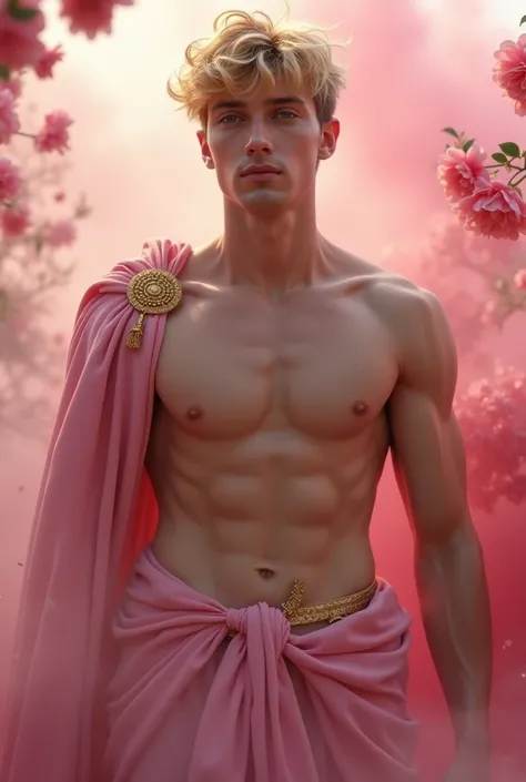 Hyper realistic, Masterpiece, detailed, 8k, a delicate and graceful image of a Handsome roman young man, shirtless, pink fabric on waist with golden ornament, golden shoulder ornament, blonde hair, surrounded by pink smoke and flowers