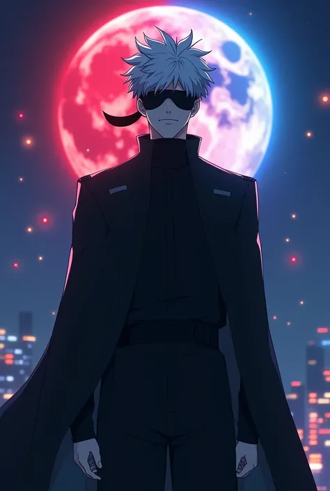 1boy, full body shot, perfect hand and fingers, satoru gojo, blindfold, black outfit, white hair, look at sky, smirk, red and blue moon city night background, wallpaper, cinematic,High resolution 8K, Bright light illumination, lens flare, sharpness, master...