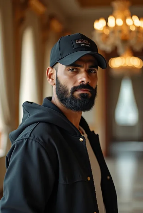 A realistic side-profile depiction of a young, confident Indian man wearing a stylish branded cap and premium casual attire, such as a designer jacket or hoodie. He is standing indoors in a luxurious palace, with ornate details like chandeliers and golden ...