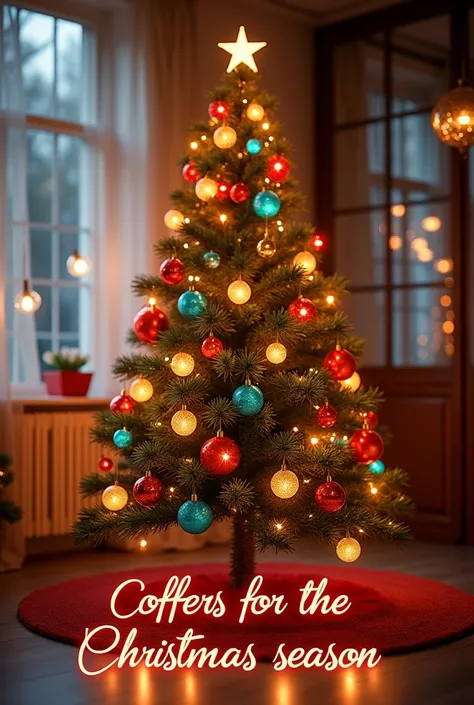 A Christmas image with a Christmas tree in the middle and that the tree is decorated with glasses of different colors and that at the bottom of the tree there is a word saying offers for the Christmas season in elegant letters