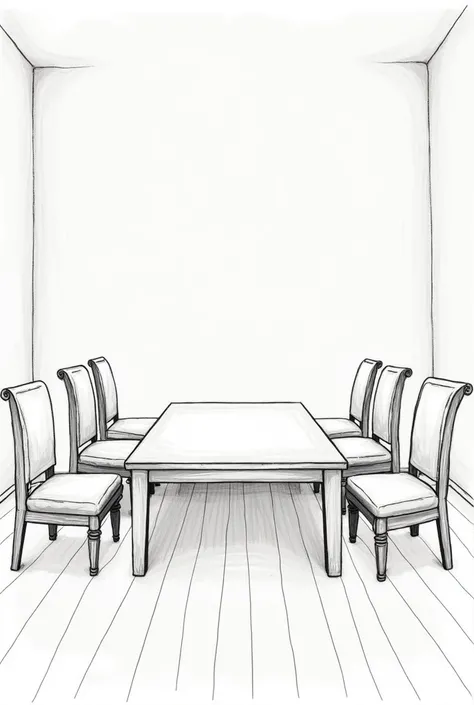 one room has a large table with 6 chairs . Hand drawing with pencil.