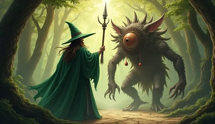 A wizard in a green robe 、 a monster with a face like the first Cyclops 。 with round ears and a red pendant 、holding a magic wand in hand。 The background is designed like antique-style parchment。forest