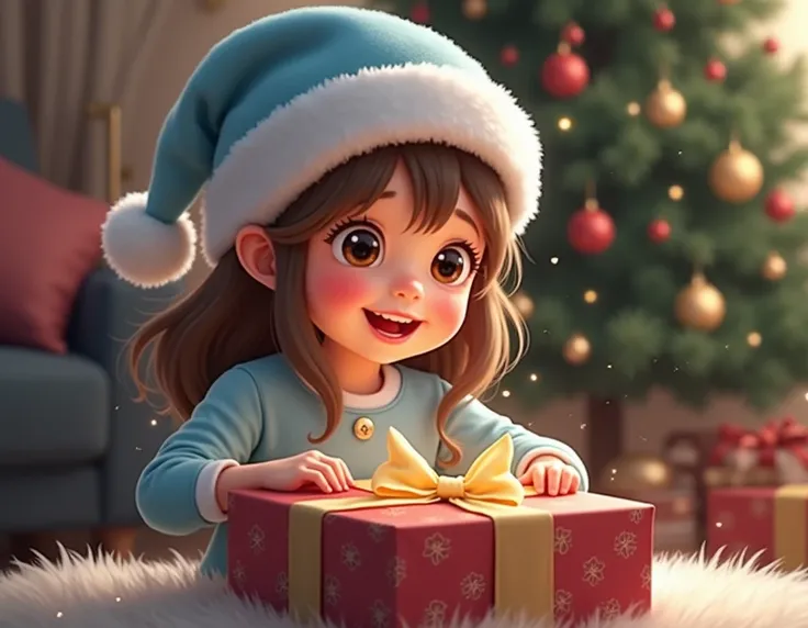 GIRL IN A LIGHT BLUE CHRISTMAS HAT OPENING A THESIS GIFT BOX