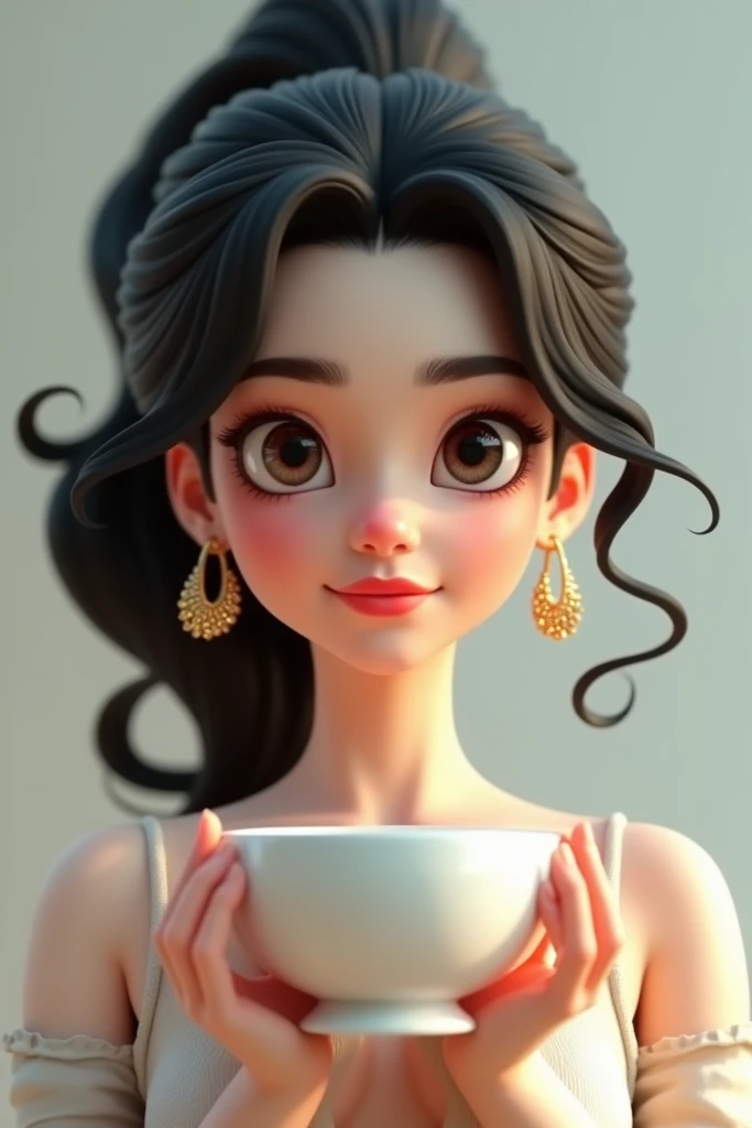 create a logo, in 3D animation style ,  where a woman with the following characteristics is present: curly black hair, with round and gold rings, white tea