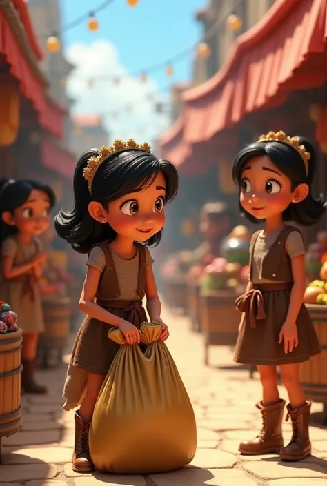 _In the initial market, the rich girls who had been mocked, try to lift a heavy sack, but they cant. Luci, with the magic boots turned off, helps them with a smile. The girls have expressions of shame and gratitude. Pixar style._