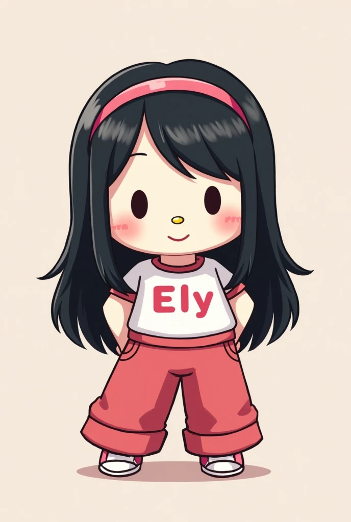 Create me a slightly chubby Hello Kitty, With straight and long black hair, wide leg pants,  top that says Ely on the shirt