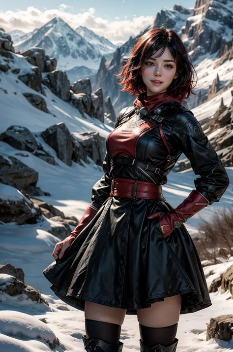 srwby, short hair, black hair, red hair, t-shirt, skirt, boots, gradient hair, grey eyes, outdoors, standing, smile, (cowboy shot), dynamic pose, standing with a crowd on a mountain top, snow, far in the distance a small town sits in a valley, intricate de...