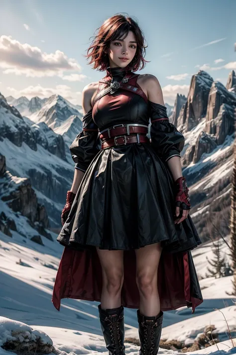 srwby, short hair, black hair, red hair, t-shirt, skirt, boots, gradient hair, grey eyes, outdoors, standing, smile, (cowboy shot), dynamic pose, standing with a crowd on a mountain top, snow, far in the distance a small town sits in a valley, intricate de...