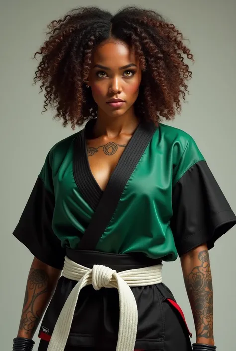  a black woman , She is muscular ,  she has curly hair , Your hair is brown, your eyes are yellow, she has tattoos, She wears a karate kimono in the colors black , green and red.  She wears a Taekwondo band around the waist in the color white.