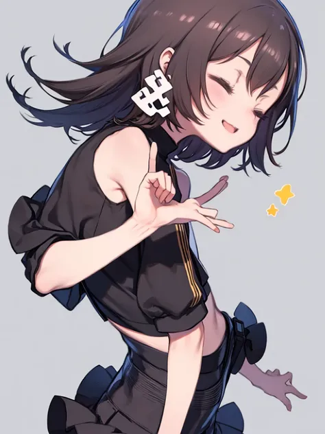  femboy ,  black crop top,  black skirt ,  smaller, Cute, young, Flat chest,  brown hair on the abdomen,  happy , short, Simple,  Profile Picture ,  eyes closed, peace sign 