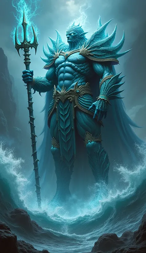 This towering ruler’s body is a blend of deep sea creatures and regal, otherworldly elegance. Their skin shimmers with an ethereal blue glow, while their armor is composed of living coral and shells, pulsating with the energy of the ocean. They wield a mas...