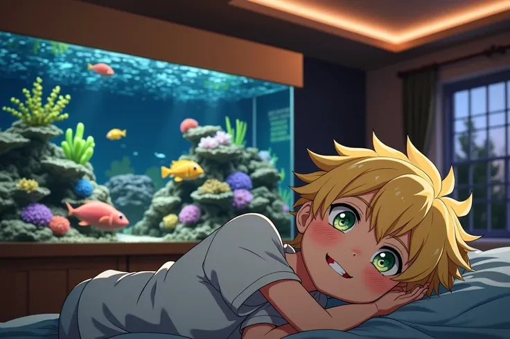 A smiling anime boy with yellow hair and yellow eyes, blushing and sitting in a bedroom, a reef aquarium with colorful reef fishes beside him, (best quality,4k,8k,highres,masterpiece:1.2),ultra-detailed,(realistic,photorealistic,photo-realistic:1.37),extre...