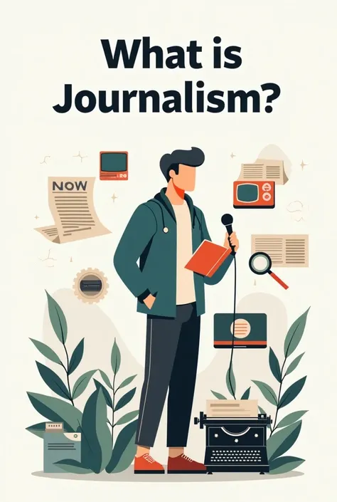 Create a visually striking and informative image that represents the concept of journalism at the beginning of a presentation. The image should feature a journalist in action, holding a notebook or a microphone, symbolizing the process of news gathering an...