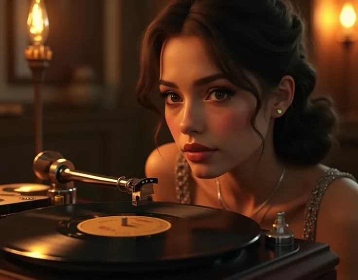 a vintage record player, several classic records in jacket, a beautiful woman sitting and listening quietly, beautiful detailed eyes, beautiful detailed lips, extremely detailed eyes and face, long eyelashes, elegant dress, thoughtful expression, ambient l...