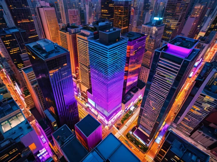 create ultra-realistic image A modern city at dusk, seen from above, with tall skyscrapers and colorful lights starting to glow. The atmosphere is full of energy, with neon billboards flashing in various locations and cars leaving trails of light on the bu...