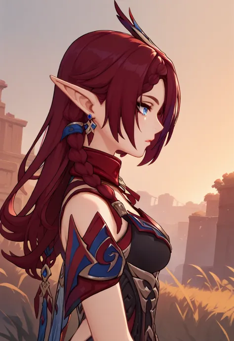 KJOchasca, red hair, blue eyes, pointy ears, hair over one eye, long hair, braid, from side, side, standing, look at up, look at sky