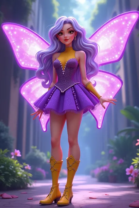 WINX CLUB , bloom ,   25-year-old fair-skinned woman with loose hair hairstyle purple white  ,  caramel eyes wearing makeup ,  brown eyeshadow and mouth   ,   wearing a modern short purple transformation dress with glitter on the yellow turtleneck with pur...