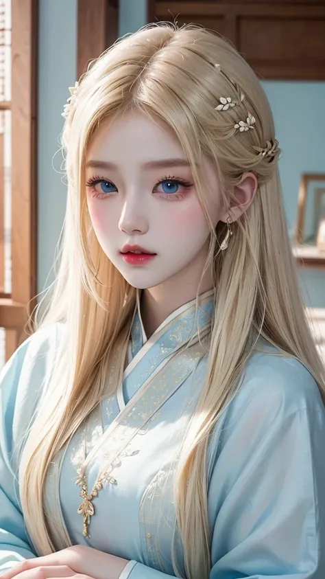 A twenty-year-old human with the theme of a blond Asian princess with blue eyes, Neutral look , attractive, piel Blanca, With long straight blonde hair appearing  (Mirando al espectador de forma neutral) color pastel, Oil style , Manhwa style, digital imag...