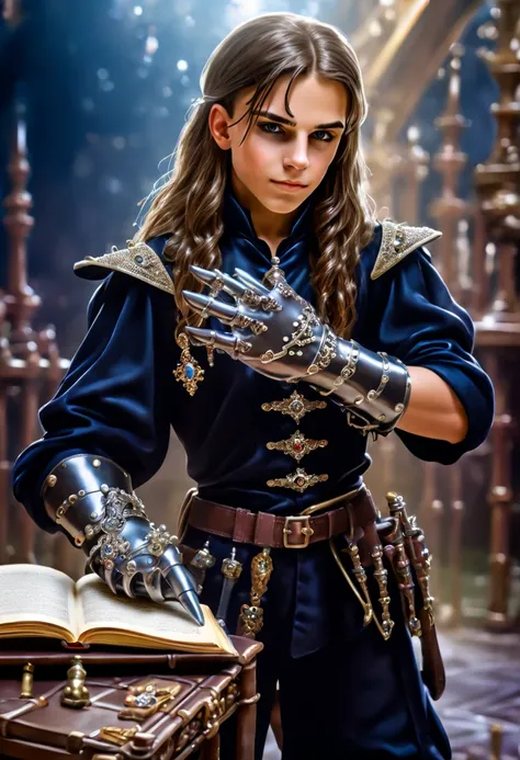 magic fantasy, Middle Ages, cadet boy is studying military science, the student wears a long clawed glove with crystals, fantasy game, long hair