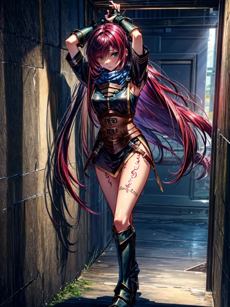    score_9,    score_8_up,    score_7_up,masterpiece, 4K, Realistic,  best quality,  Nelselfer ,
 1 girl, Red Hair, , green eyes,  purple eyes, scarf, armor, Fingerless gloves, tattoo,  thigh-length socks ,  boots,(Long Hair:1.6),In a dim prison,(Constrain...