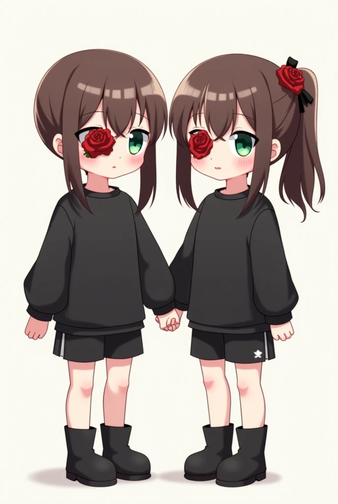  Two anime-style cufflinks holding hands ,  one is a girl and the other is a boy .  They are identical and with the same physical structure despite their different gender .  The appearance of the twins is the same ;  brown hair up to the middle of the neck...