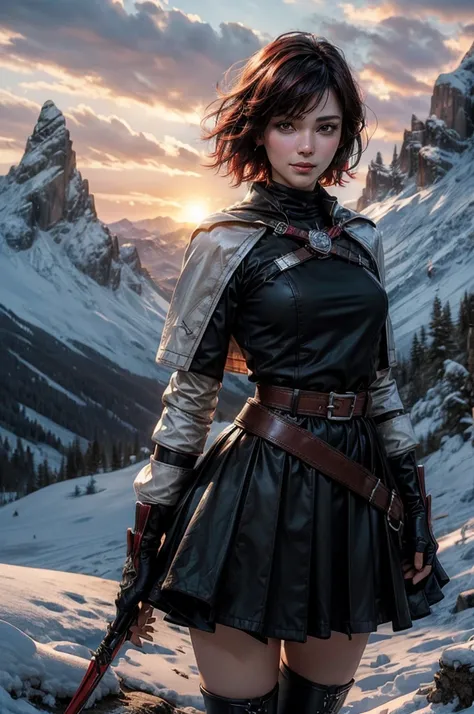 srwby, short hair, black hair, red hair, t-shirt, skirt, boots, gradient hair, grey eyes, outdoors, standing, smile, (cowboy shot), dynamic pose, hands onb hips, standing with a crowd on a mountain top, snow, far in the distance a small town sits in a vall...