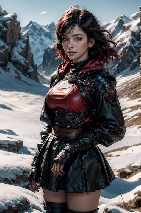 srwby, short hair, black hair, red hair, t-shirt, skirt, boots, gradient hair, grey eyes, outdoors, standing, smile, (cowboy shot), dynamic pose, hands onb hips, standing with a crowd on a mountain top, snow, far in the distance a small town sits in a vall...