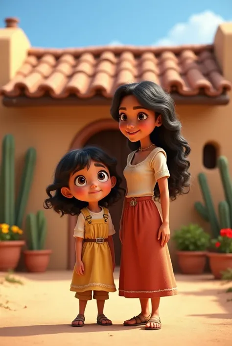 _Luci and her mother are in front of their house, which was made of adobe, now with small repairs that show improvement: a new roof, flowers in pots, and a feeling of prosperity. Pixar style._