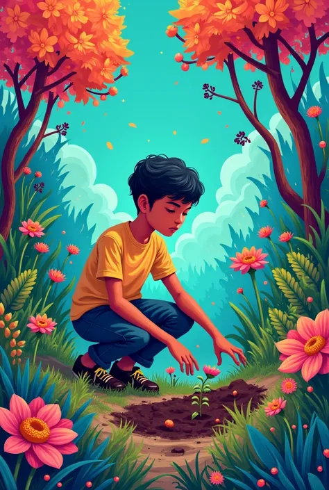 Illustration of young ren taking care of the environment with psychedelic colors