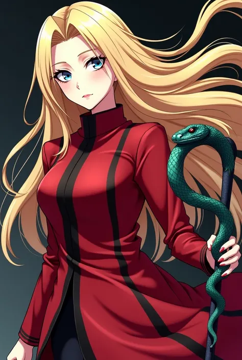 In anime style
Draw a woman with blond hair and a red coat with black stripes, carrying a cane with two intertwined sea snakes 