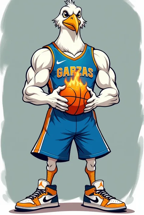 Muscular white heron ,  wearing a blue basketball uniform that reads GARZAS. squeezing a burning ball between his two hands on his chest, Jordan shoes. in cartoon.  looking at the front .