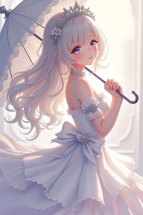 My avatar is a girl in a white dress in baroque style lead hair, a bow with a circle and a silver crown with flowers, a white umbrella in baroque style anime style