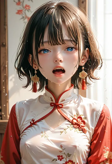 Best Quality, masterpieceUltra HD, 8k，((Bright red Chinese dress))， simple village girl、桃色の髪，青 eyes，Shortcuts, Best Quality,High resolution, Ultra HD, blue eyes,（ short hair on the nose ）、 soaked,  My Nipples Are Erected Under My Clothes、Score_9, Score_8_u...