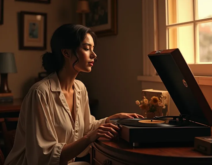 a beautiful woman listening to classic music on a well-maintained vintage record player, several classic records in jackets placed nearby, intricate details,cinematic lighting,soft focus,photorealistic,highly detailed,elegant,sophisticated,warm colors,chia...