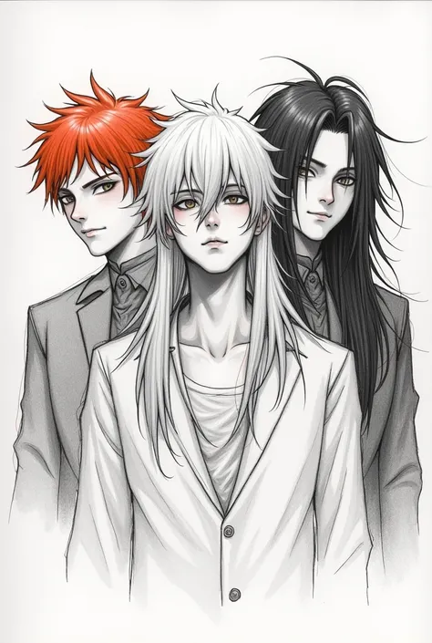 Man with short red hair next to a man with long white hair(waistline) and a man with long black hair(waistline) .

Make it a messy pencil sketch no color 