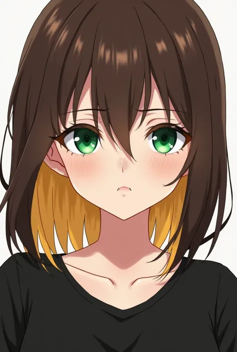  Anime girls with brown shoulder-length hair .  The front strands of the hair are blonde .  The eye color should be green with light brown around the pupil.  She is wearing a black top . The facial expression annoyed. There is no hair on the forehead so no...