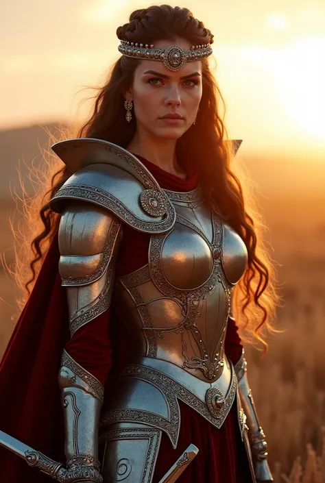 A regal and fearless warrior princess stands poised for battle, clad in an intricately designed suit of armor adorned with rare, exotic materials such as iridescent mother of pearl, gleaming silver, and rich, crimson velvet, her striking features illuminat...