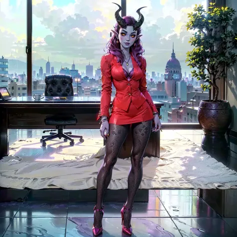 ((shiny eyes, 1girl, milf, standing, sexy pose, ((bgalfira, long hair, magenta hair, yellow eyes, horns, demon girl, gray skin, ...