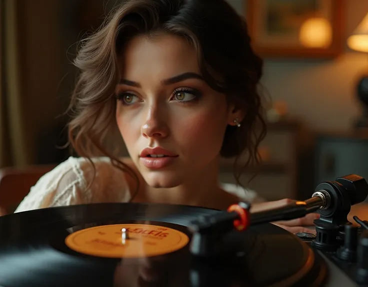 a vintage record player, several classic records in jacket, a beautiful woman sitting and listening quietly, beautiful detailed eyes, beautiful detailed lips, extremely detailed eyes and face, long eyelashes, elegant dress, thoughtful expression, ambient l...