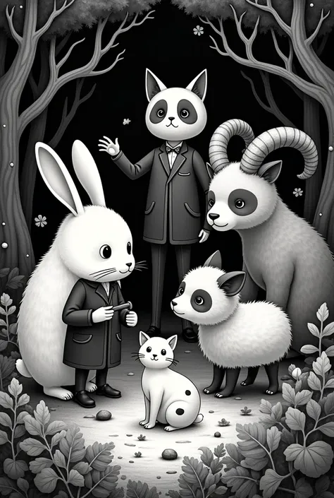 forest background,white rabbit, panda bear, Cimarron sheep , zorro,  white cat with black spots, style of Yoji Shinkawa, black and white, print, Super detailed